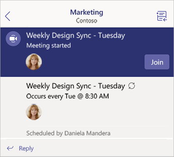 Contoso チームのマーケティング チャネルで、週単位のデザイン同期が開始されました。 [結合] ボタンがあります。