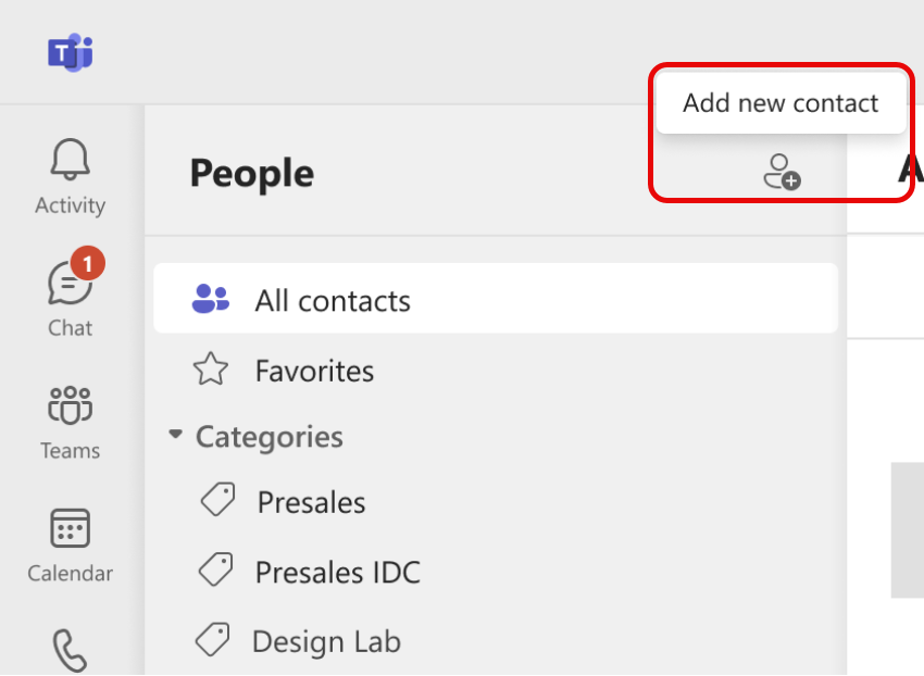 Teams People App での新しい連絡先の追加アイコンのスクリーンショット