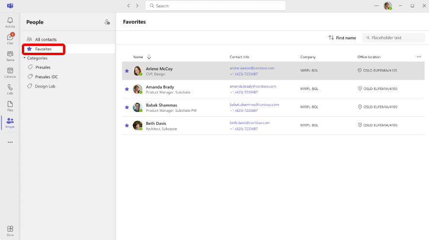 Teams People App の [お気に入りに追加] の選択のスクリーンショット