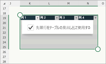 [テーブルにヘッダーがある] チェック ボックスがオンになっているテーブル。