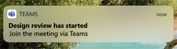 Teams を使用して会議に参加するオプションでデザイン レビューが開始されたことを示すモバイル通知。
