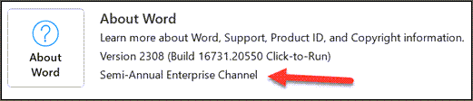 [製品情報] セクションの [Word について] エリアに表示されている半期エンタープライズ チャネル。
