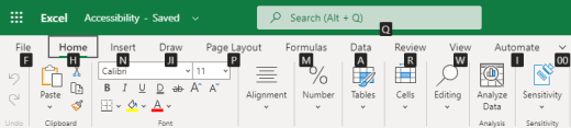 Excel for the Web のリボン タブの主なヒント。