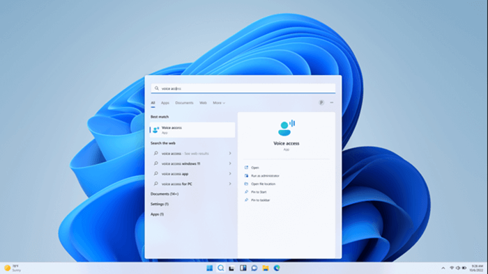 시작에서 음성 액세스를 검색하거나 작업 표시줄에서 검색 옵션을 사용할 수 있습니다. 음성 액세스를 입력하면 상위 결과로 표시됩니다.