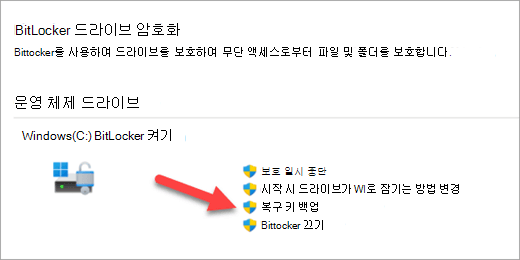 BitLocker 복구 키를 백업하는 옵션을 가리키는 화살표가 있는 BitLocker 암호화 관리 앱입니다.