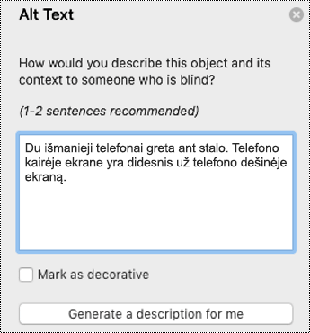 Alternatyvusis tekstas programoje „PowerPoint“, skirtoje „Mac“