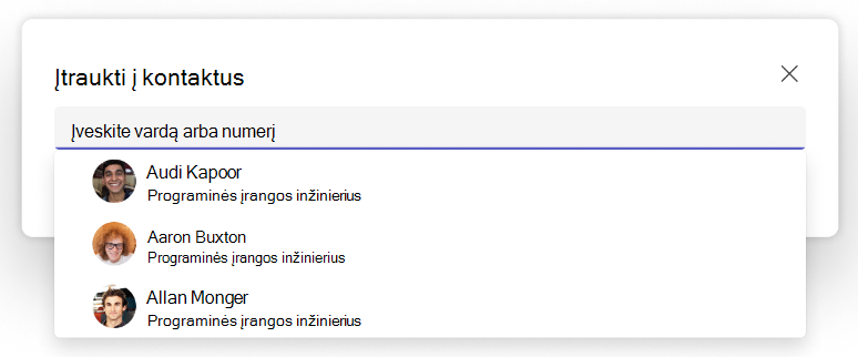"Teams" žmonių programos išplečiamojo meniu Įtraukti į kontaktus ekrano nuotrauka