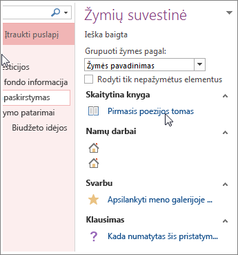 Pažymėtų pastabų paieška srityje Žymių suvestinė