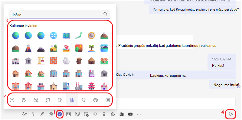 Pokalbių "emoji" meniu ir galerija