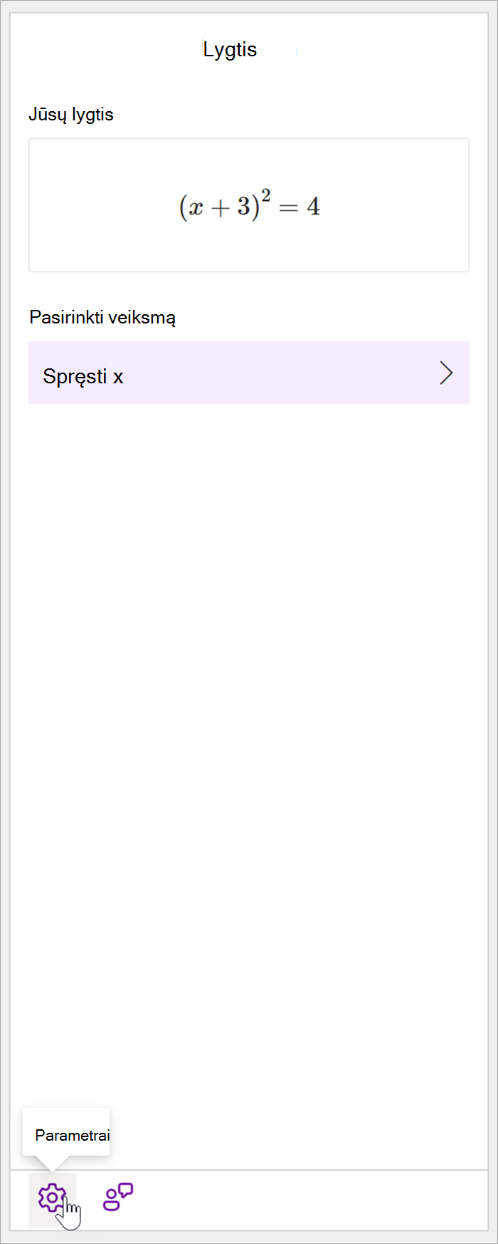 "OneNote" darbalaukio matematinės srities su lygtimi (x+3)^2=4 ekrano nuotrauka. Sekcijoje Pasirinkti veiksmą vienintelis galimas veiksmas yra "Solve fore x".