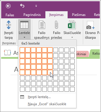 Screenshot of how to add a table in OneNote 2016.