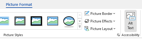 Mygtukas Alternatyvusis tekstas programos "Word" meniu Paveikslėlio formatas