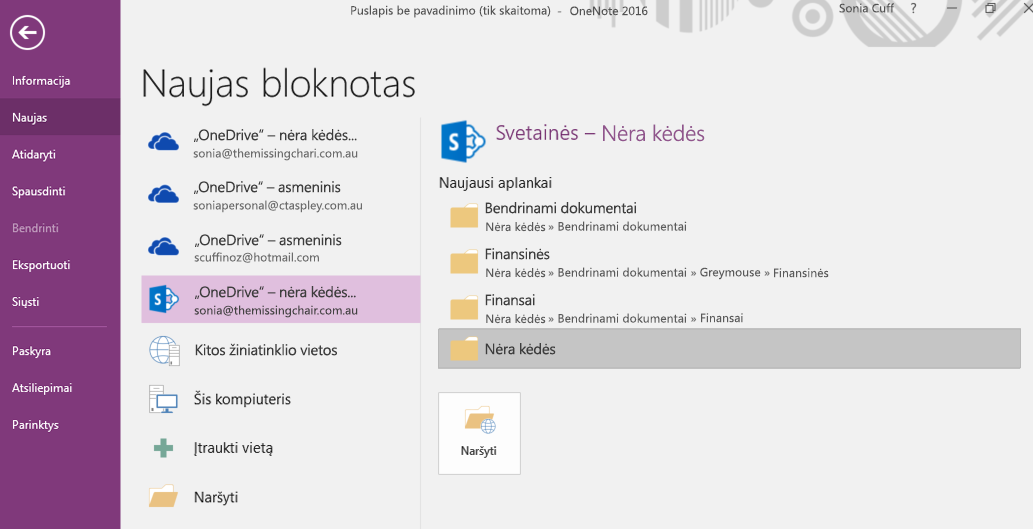 „OneNote for Windows 2016“ naujo bloknoto aplanko pasirinkimo sąsaja