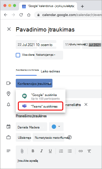 Pasirinkite "Teams" susitikimą