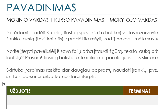 Naujas projekto užduočių sąrašo šablonas, kuriame naudojamas minimalus 11 dydžio šriftas.