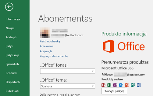 Su „Office“ susieta „Microsoft“ paskyra rodoma „Office“ taikomosios programos paskyros lange