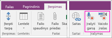 „OneNote 2016“ meniu Įterpimas su AV mygtukais ekrano kopija.