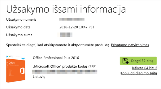 Rodomas mygtukas Diegti užsakymo informacijos puslapyje iš naudojimo namuose programos