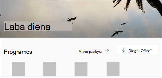 Ekrano kopija, kurioje rodomas Office.com pagrindinis puslapis prisijungus