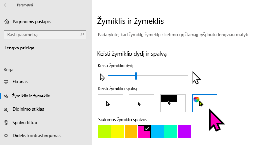 Žymiklio dydžio ir spalvos keitimas programoje "Windows 10 Parametrai"