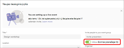 Dalyje Pakviesti pranešėjai pasirinkite Leisti išorinius pranešėjai