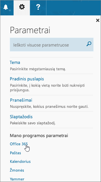 „Office 365“ parametrų puslapis