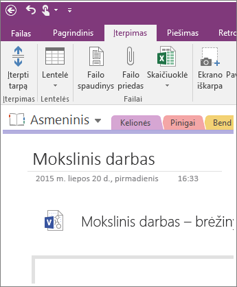 Ekrano kopija, kurioje rodoma, kaip programoje „OneNote 2016“ įterpti naują „Visio“ diagramą.