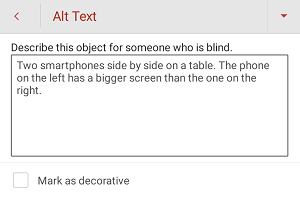 Dialogo langas Alternatyvusis tekstas programoje "PowerPoint", skirtoje "Android".