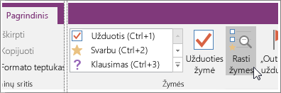 Rasti žymes mygtuko ekrano kopija programoje „OneNote 2016“.