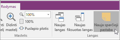 Nauja sparčioji pastaba mygtuko ekrano kopija programoje „OneNote 2016“.