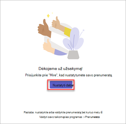 "Teams" programos prenumeratos pirkimo patvirtinimo ekrano kopija.