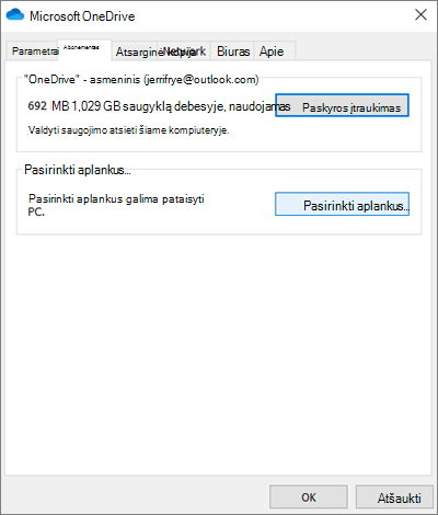 „OneDrive“ paskyros įtraukimo dialogo langas