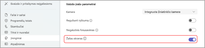 Paveikslėlis, rodantis „Microsoft Teams“ įrenginių parametrus, kad būtų įgalintas žalias ekranas