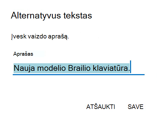 "Outlook", skirtos "Android", alternatyviojo teksto dialogo langas.