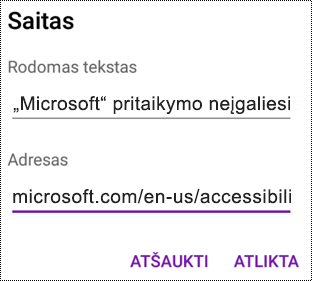 Hipersaito dialogo lango įtraukimas programoje „OneNote“, skirtoje „Android“