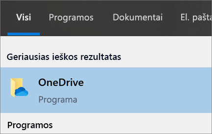 „OneDrive“ kompiuterio programos ieškos sistemoje „Windows 10“ ekrano kopija