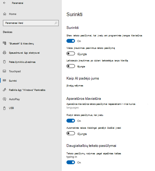 Teksto pasiūlymų parinktis, kai įrašote tekstą Windows