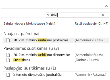 Naudokite funkciją Ieška ir ieškokite visuose „OneNote“ bloknotuose.