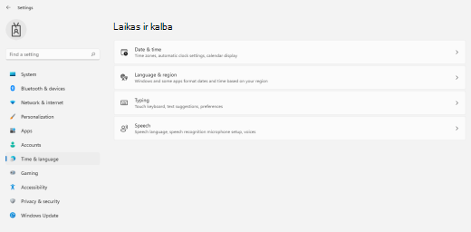 Laiko ir kalbos meniu Windows 11.