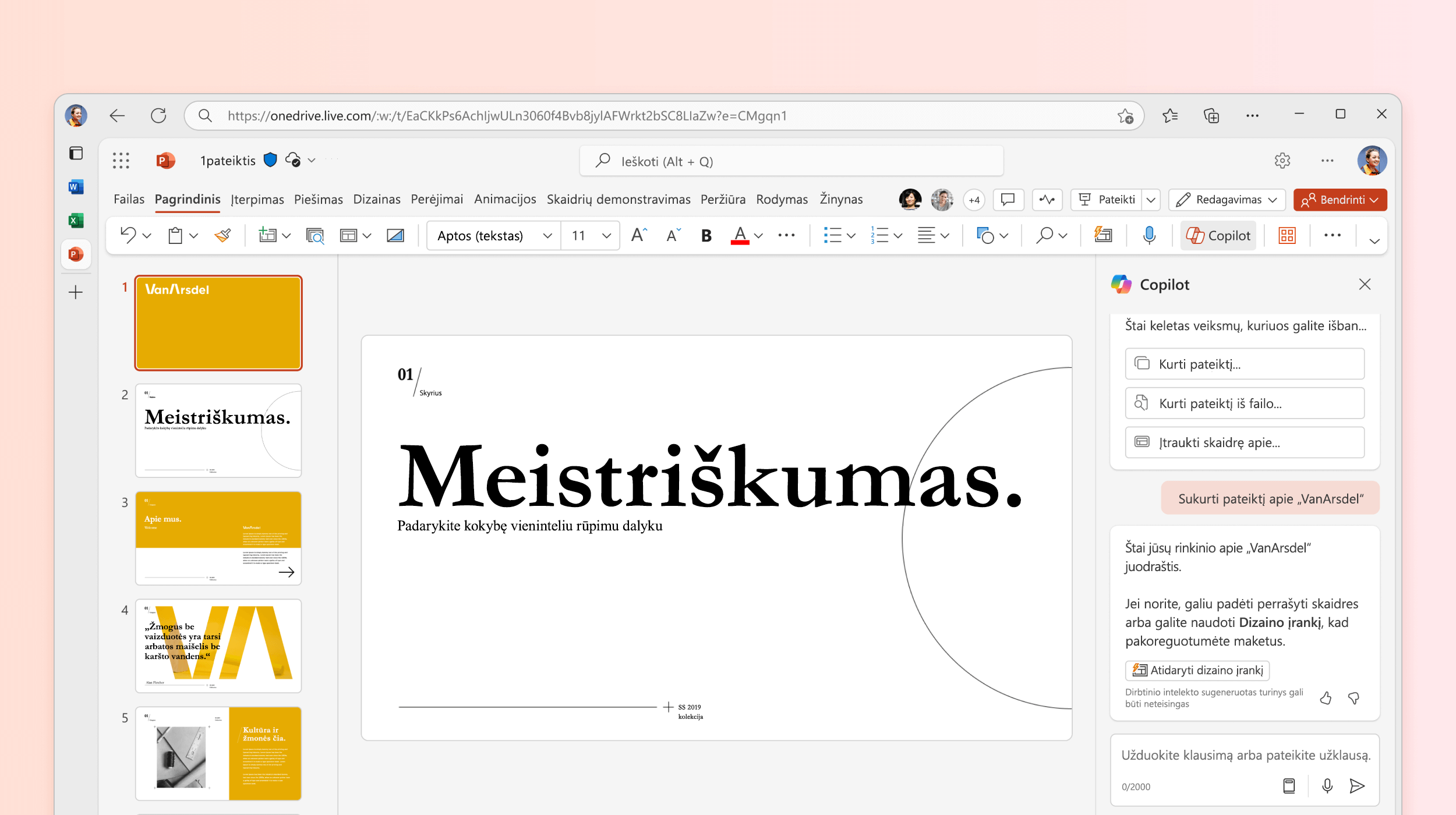 Ekrano kopijoje pavaizduota „Copilot“ programoje „PowerPoint“, kurianti pateiktį.