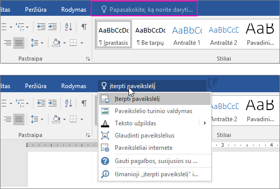 Programos „Word“ juostelėje rodomas ieškos laukas Ką norite daryti.