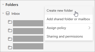 Screenshot of Create new folder selected in the More options menu on the folder pane