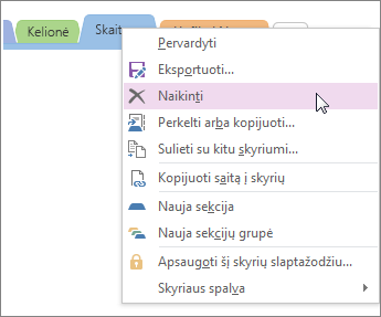 Screenshot of how to delete a section in OneNote 2016.