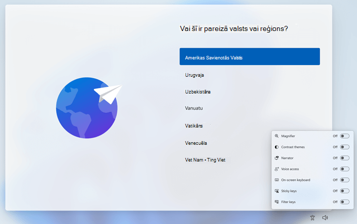 OOBE ekrāns ar pieejamības izlidošanas opcijām. Lai palaistu Voice Access, lietotāji var izmantot pieejamības izlidošanas rīku.