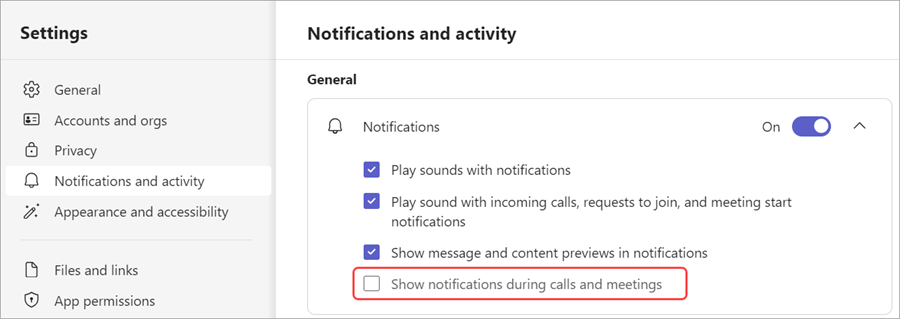 Izslēdziet paziņojumus Teams sapulces laikā.