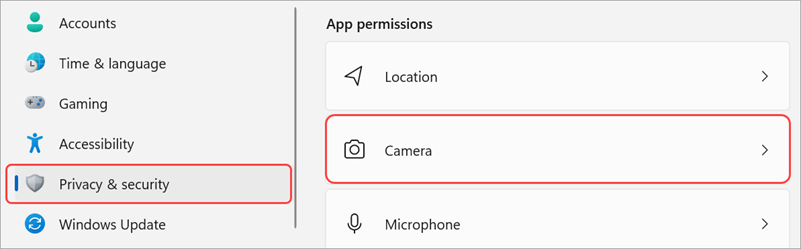 Windows iestatījumi ar iezīmētu kameras UI.