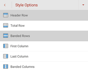 Programmas PowerPoint darbam ar Android izvēlnē Stila opcijas ir atzīmēta izvēles rūtiņa Galvenes rinda.