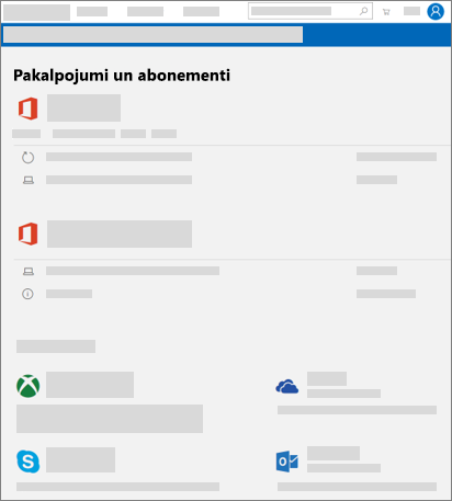 Tiek rādīta pakalpojumu un abonementu lapa saitē account.microsoft.com