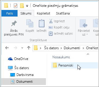 Mapes Windows dokumenti ekrānuzņēmums, kur redzama OneNote piezīmju grāmatiņu mape.