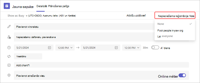 Pievienojiet nepieciešamo reģistrāciju Teams sapulcei.